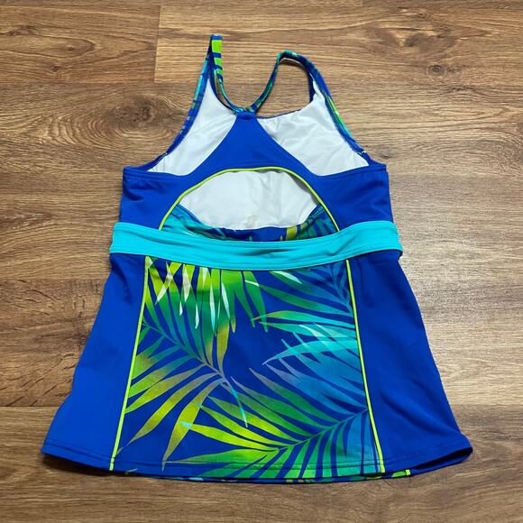 Lands End Womens Blue Green Palm Leaf Racerback Tankini Swim Top Size 2 Modest - Picture 2 of 6